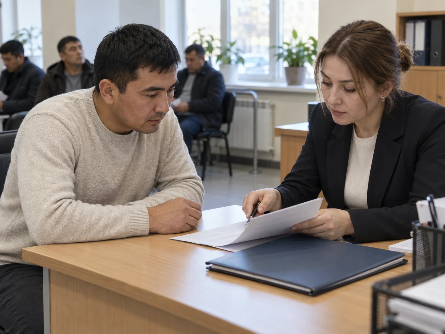 Иностранный работник проверяет документы для переоформления патента вместе с сотрудницей офиса